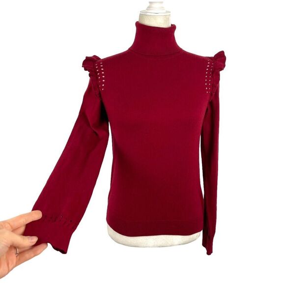KATE SPADE New York Burgundy Ruffle Trim Cotton Cashmere Turtleneck Sweater XS - Picture 5 of 14